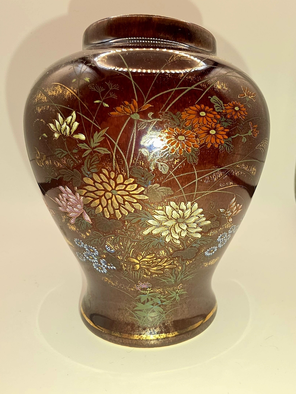 Japanese National Silver Company Vintage Brown Floral Porcelain Vase 4.5"
